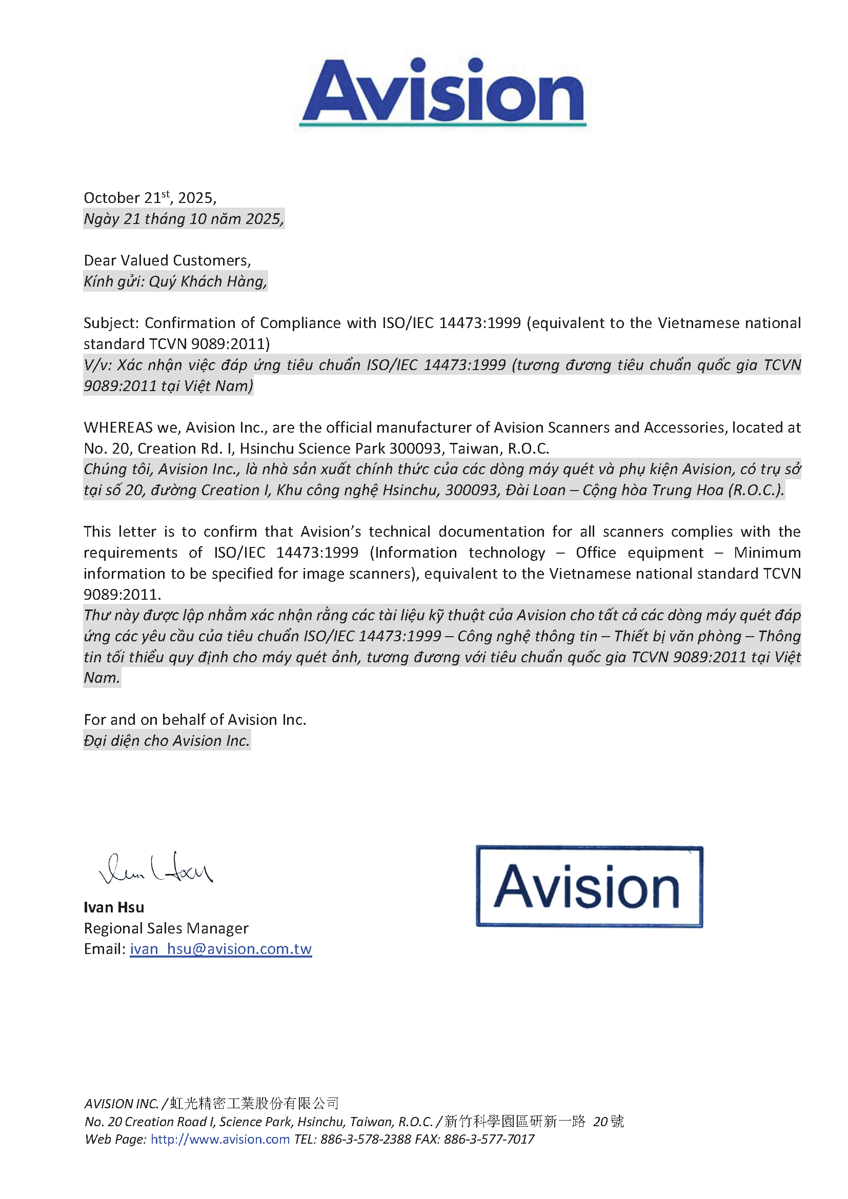 TUYÊN BỐ ĐÁP ỨNG CHUẨN ISO/IEC 14473 (TCVN 9089:2011)